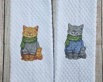 Embroidered Cozy Sweater Cat Dish Towel 2 Piece Set