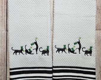 Embroidered St Patrick's Kitty Cat Dish Towel 2 Piece Set