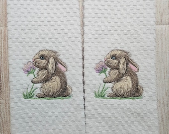 Embroidered Springtime Easter Flower Bunny Dish Towel 2 Piece Set