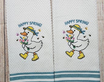 Embroidered Springtime Goose Dish Towel 2 Piece Set
