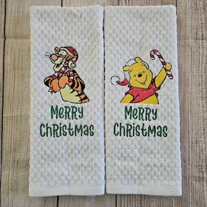 Embroidered Christmas Pooh Bear and Tigger Dish Towel 2 Piece Set