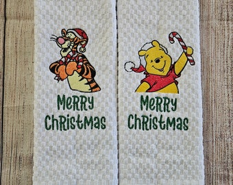 Embroidered Christmas Pooh Bear and Tigger Dish Towel 2 Piece Set