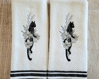 Juego de 2 paños de cocina con bordado floral de gato negro