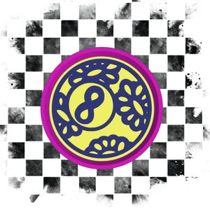 May include: A circular graphic featuring the number eight in yellow, encircled by blue floral patterns, within a pink border. The backdrop is a black and white chequered design with watercolour splatters.