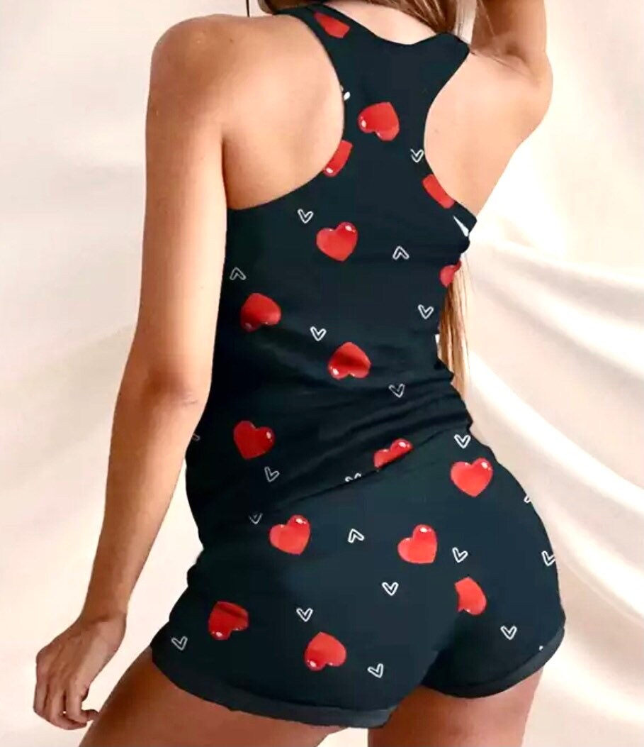 Womens black pyjamas with red love hearts cami top shorts | Etsy