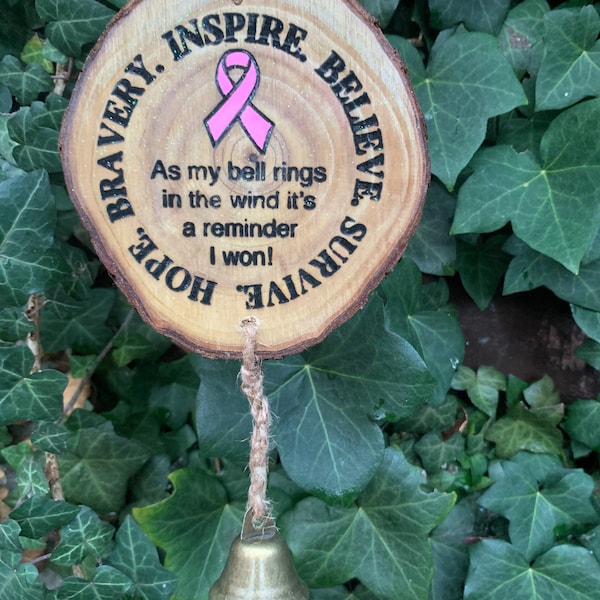 Ring the bell Cancer surviver, beat cancer gift laser engraved wooden  wall plaque decorated with a cute bell personalised any colour ribbon