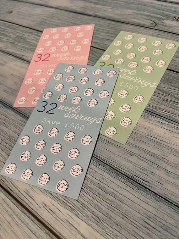 32 Week Saving Challenge Colourful, Pink, Green, Blue, Cash 