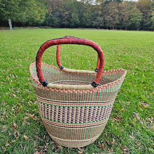 U-Shopper Basket, Bolga Basket, Shopping Basket, Woven Market Basket Bag with Leather Handles, Beach Bag, Picnic Basket, Natural Bag