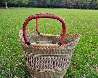 Panier U, panier Bolga, panier, sac de marché tissé avec poignées en cuir, sac de plage, panier de pique-nique, sac naturel