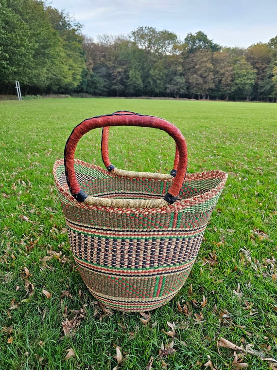 U-Shopper Korb, Bolga Korb, Einkaufskorb, gewebte Marktkorb-Tasche mit Ledergriffen, Strandtasche, Picknickkorb, Naturtasche