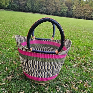 U-Shopper Basket, Bolga Basket, Shopping Basket, Woven Market Basket Bag with Leather Handles, Beach Bag, Picnic Basket, Natural Bag
