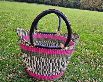 Panier U, panier Bolga, panier, sac de marché tissé avec poignées en cuir, sac de plage, panier de pique-nique, sac naturel
