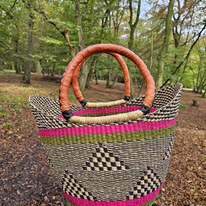 U-Shopper Basket, Bolga Basket, Shopping Basket, Woven Market Basket Bag with Leather Handles, Beach Bag, Picnic Basket, Natural Bag