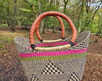 Panier U-Shopper, panier Bolga, panier à provisions, sac de panier de marché tissé avec poignées en cuir, sac de plage, panier de pique-nique, sac naturel