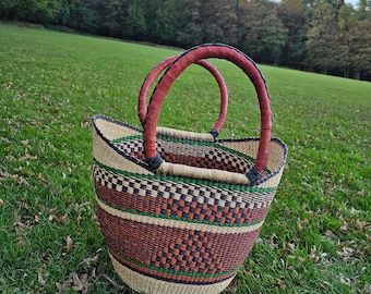Panier U-Shopper, panier Bolga, panier à provisions, sac de panier de marché tissé avec poignées en cuir, sac de plage, panier de pique-nique, sac naturel