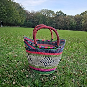 U-Shopper Basket, Bolga Basket, Shopping Basket, Woven Market Basket Bag with Leather Handles, Beach Bag, Picnic Basket, Natural Bag