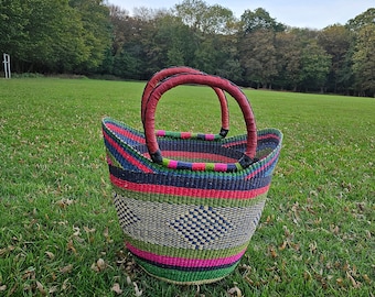 Panier U-Shopper, panier Bolga, panier à provisions, sac de panier de marché tissé avec poignées en cuir, sac de plage, panier de pique-nique, sac naturel