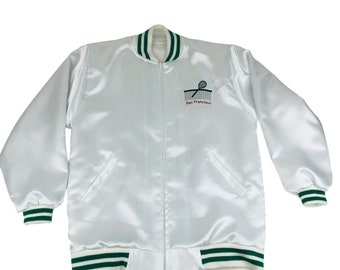 Vintage San Francisco Tennis White Satin Bomber Jacket Small