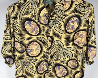 Vintage Reyn Spooner Mens Medium Aloha Shirt Rayon Kunstdruck Hawaiian Village Hula Girl Gelb