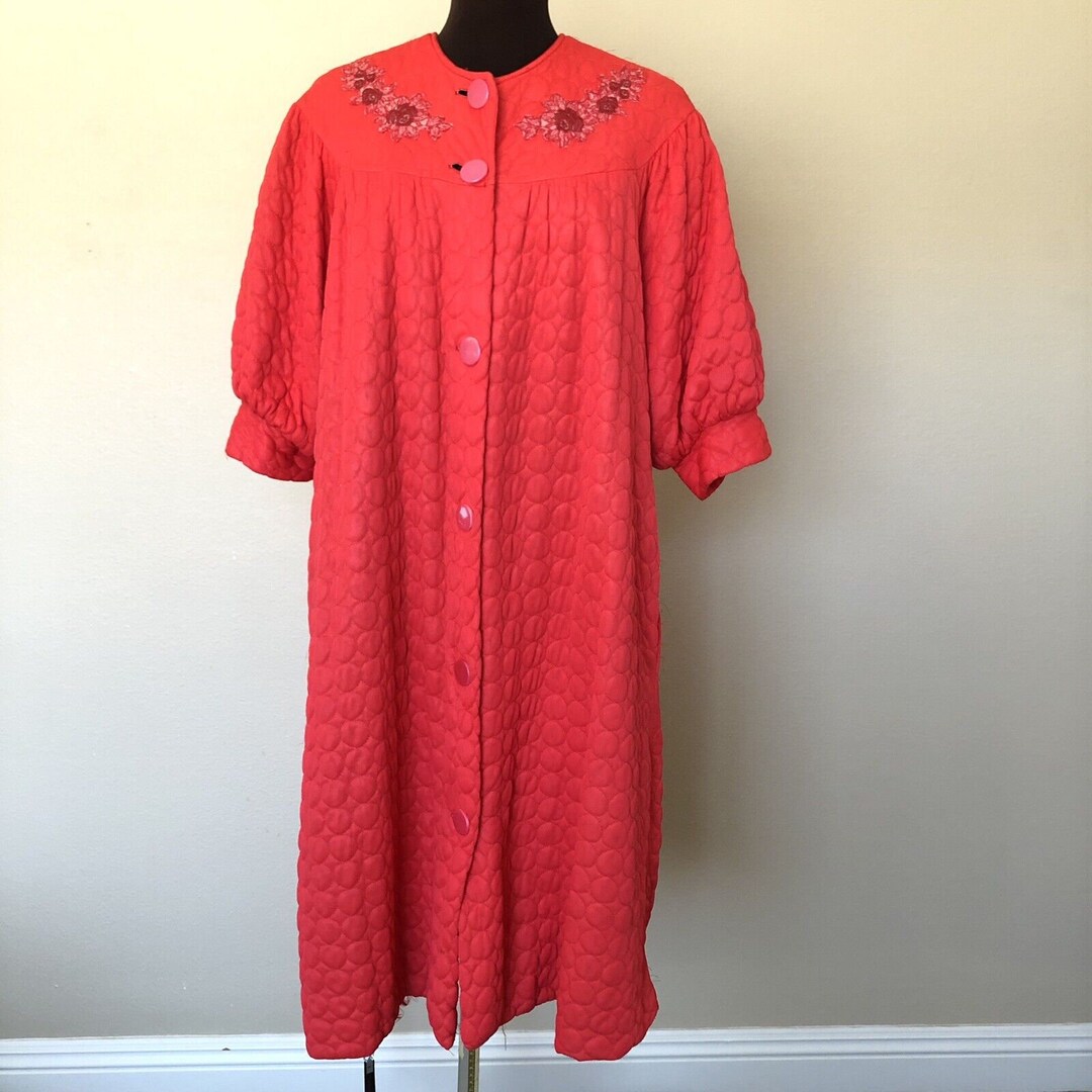 50's 60's Vintage Quilted House Dress Robe Red Pockets Applique No ...