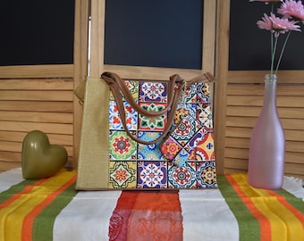 Elegant Mexican Handbag: Mustard & Tile Print, Synthetic Leather