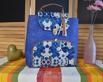 Mexican Floral Backpack: Blue Faux Leather Handbag, Art Design