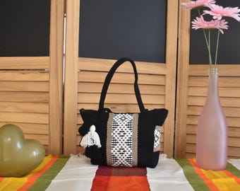 Handwoven Black & White Boho Tote Bag with Tassel Accent