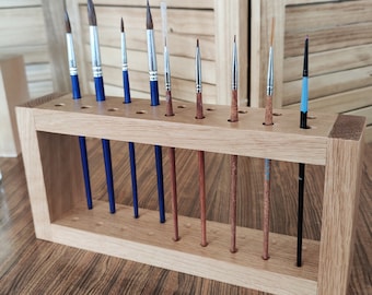 White Oak Paint Brush Holder: Artist Brush Organizer, 18 Holes