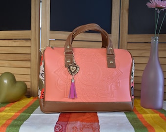 Pink Mexican Handbag: Cutout Faux Leather Floral Design and chain
