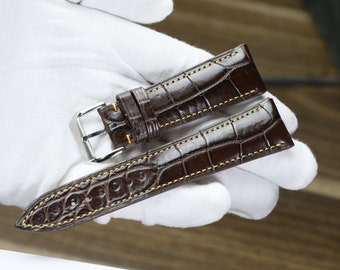 Alligator brown  Leather watch strap  24mm,22mm,21mm,20mm,19mm,18mm,16mm - CN-BROWN-V-GOLD-M-N-