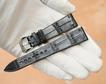 Bracelet de montre en cuir de style minimaliste du Vietnam fait main en alligator noir, taille personnalisée - CV1