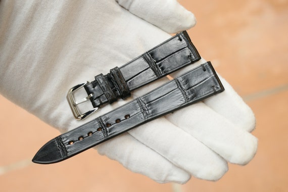 Bracelet En Cuir De Crocodile Noir Mat - Largeur 18/14 Mm, Haute Qualité, Fait Main En Italie, Neuf Sans étiquette