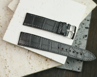 dark gray alligator USA Leather slim watch strap  24mm,22mm,21mm,20mm,19mm,18mm,16mm-CT-ghi-0-S-M-N-