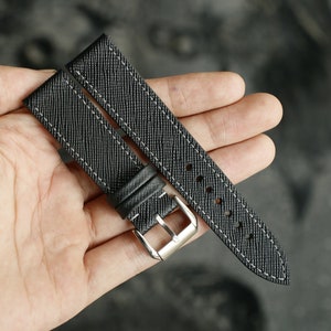 Slim Saffiano black slim leather watch strap 24mm ,22mm,21mm,20mm,19mm,18mm,16m-SAFFIANO-BLACK-0-GRAY-M-N-