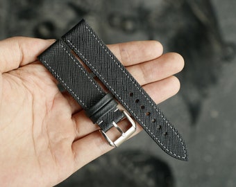 Handgefertigtes schmales Uhrenarmband aus Saffiano schwarzem Leder