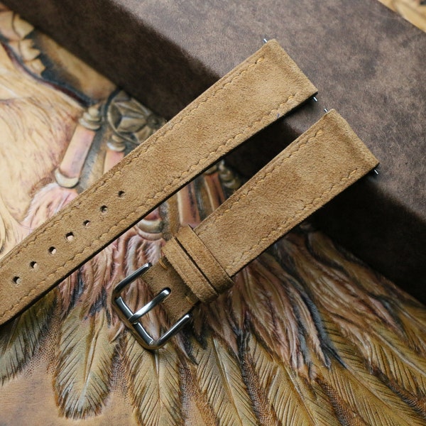Handmade Suede Tan brown Leather slim watch strap, Custom Size  - S15