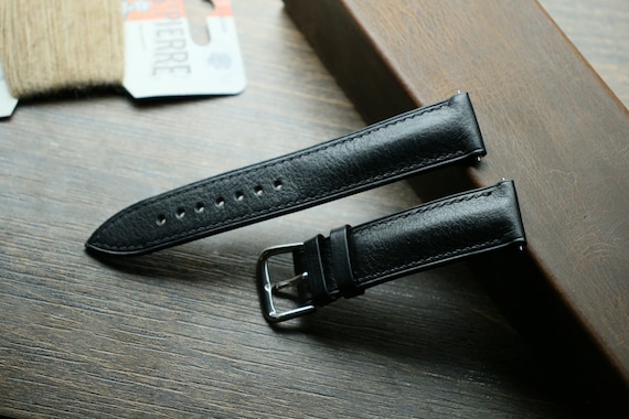 Correa de reloj de cuero negro de 21 mm con hebilla plateada - De