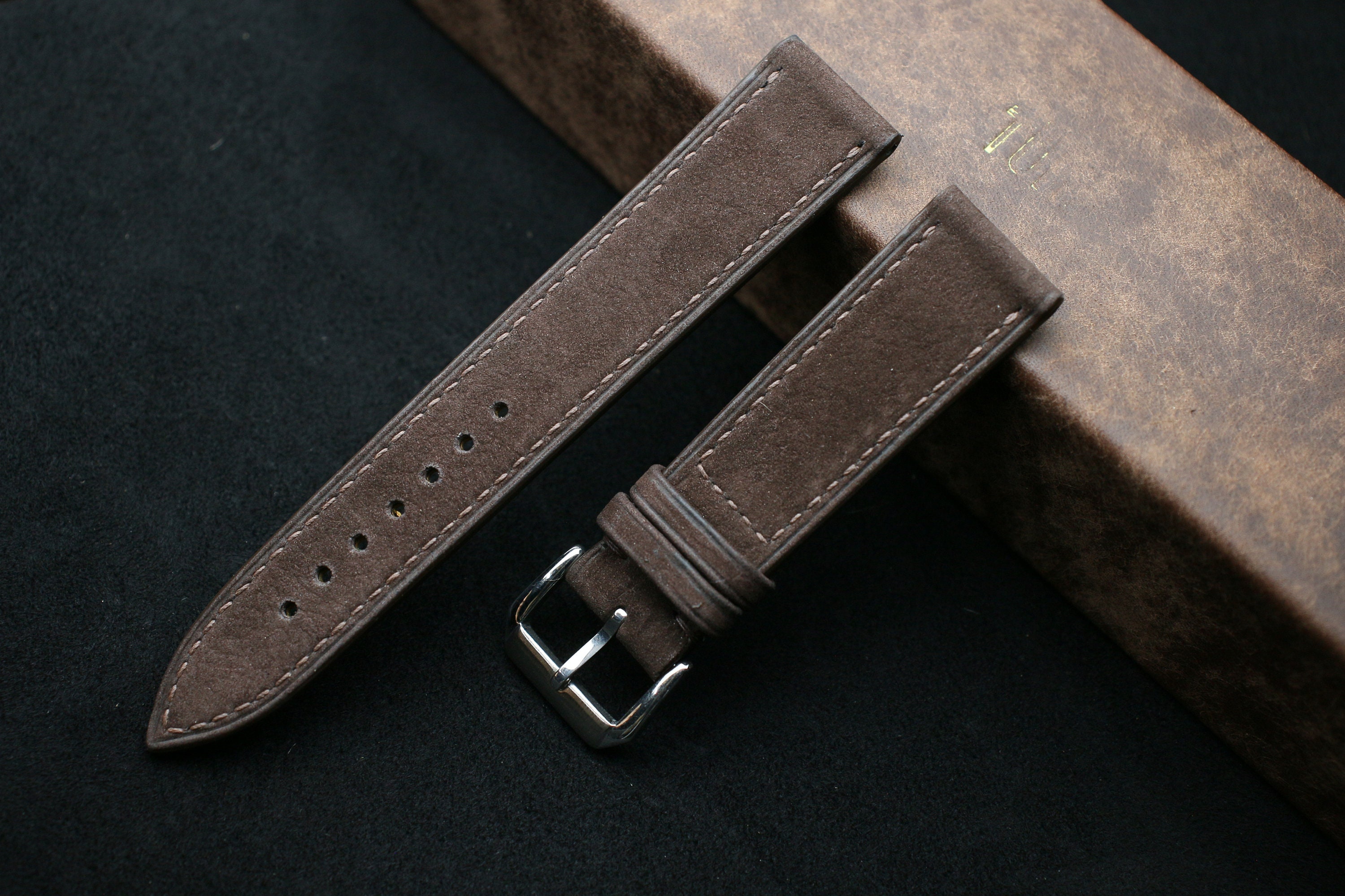 Nubuck dark brown slim watch strap 24mm,22mm,21mm,20mm,19mm,18mm,16mm-NUBUCK-DBR-0-S-TH-N-