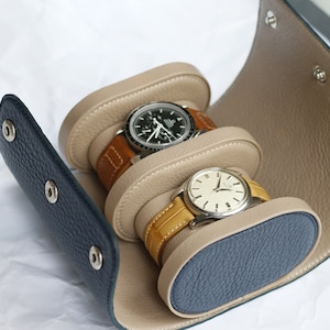 Custodia per orologio personalizzata blu navy Togo, scatola per orologio da viaggio, custodia per orologio in pelle personalizzata -CASE TOGO-navy-TAUPE-S-