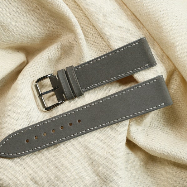 Cinturino per orologio sottile grigio liscio in nabuk 24mm,22mm,21mm,20mm,19mm,18mm,16mm-NUBUCK TRON-GRAY-0-S-M-N-