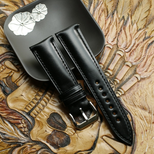Correa de reloj de piel negra shinki de cordobán Shell hecha a mano, talla personalizada - Sh20