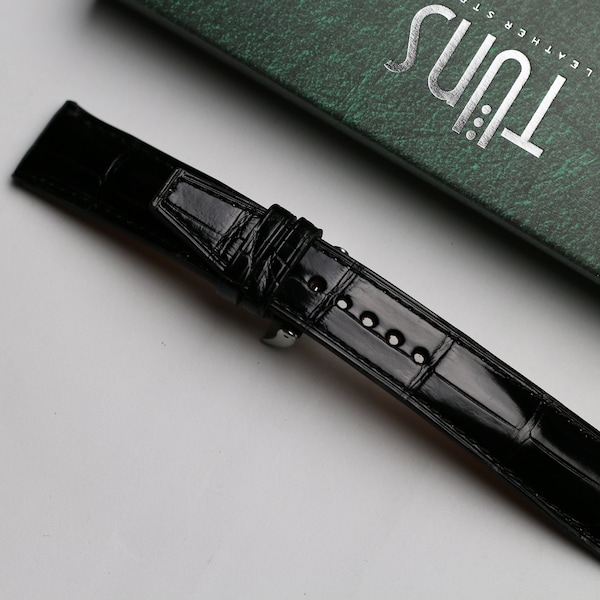Handmade Nino Black Alligator Leather Watch Strap, Custom Size - CNI20
