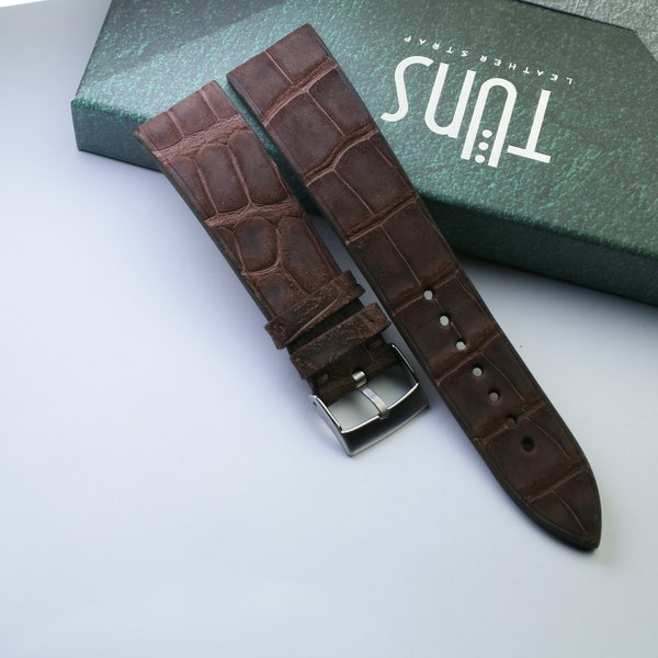 Handmade alligator nubuck henglong brown Leather watch strap, Custom Size  - CB1