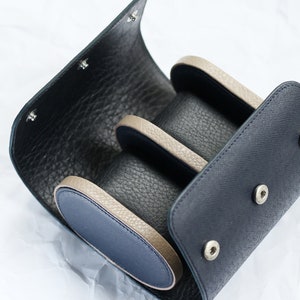 Personalized Leather Watch Roll Case: Taiga Navy Travel Watch Box