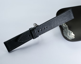 Handgefertigtes schmales Uhrenarmband aus Saffiano schwarzem Leder