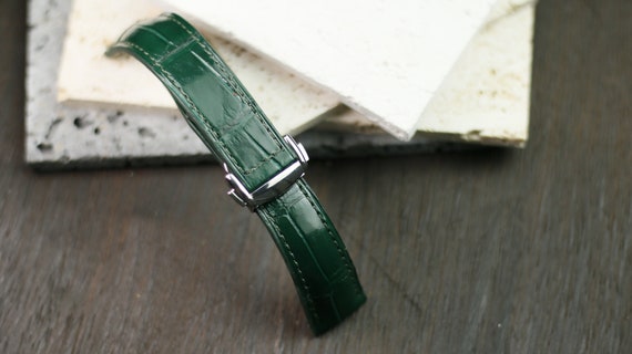 Handmade Dark Green Alligator Leather Watch Strap Padded, Fits Handmade Dark Green Alligator Leather Watch Strap Padded, Fits