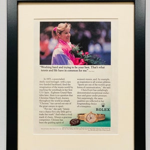 Framed Original 1990 Rolex Perpetual Lady Datejust Watch ad featuring Chris Evert, Tennis Star