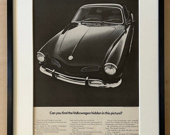 Framed 1970 Volkswagen Karmann Ghia "Can you find the Volkswagen hidden in this picture" Original Vintage Magazine Ad