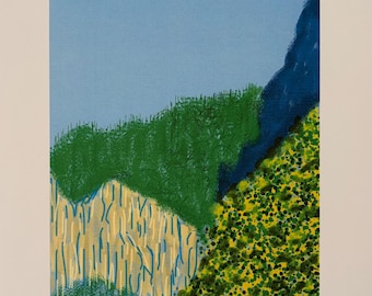 May include: A framed art print featuring a stylized landscape with a light blue sky, a dark blue mountain ridge, a textured green forest area, a yellow and blue striped section, and a foreground of green dots. The print is signed and numbered 97/300.