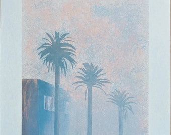May include: A lithograph print featuring three palm trees in silhouette against a soft, hazy background of muted blue and peach tones. To the left, a building structure is partially visible. The artist's signature is in the bottom right corner.